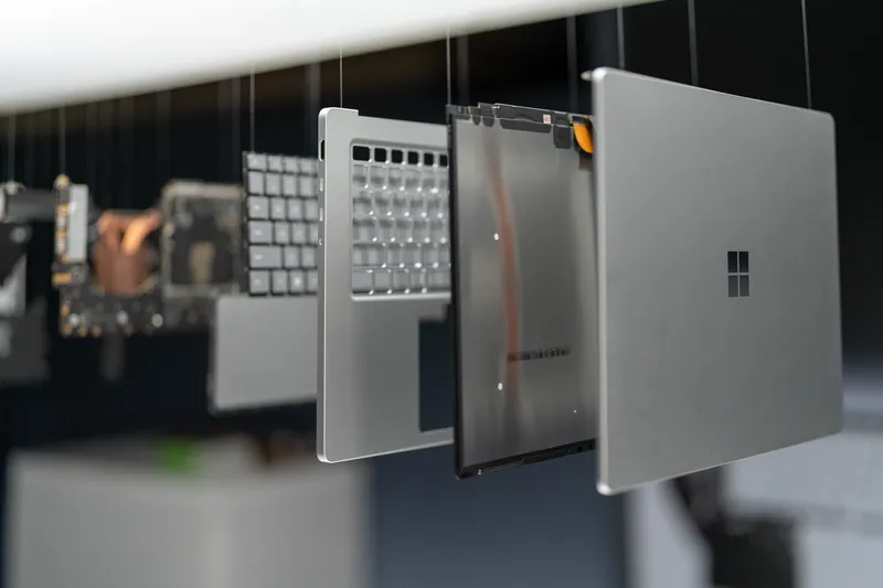 Close view of a Surface laptop suspended mid-air beside an exposed keyboard assembly and internal components.